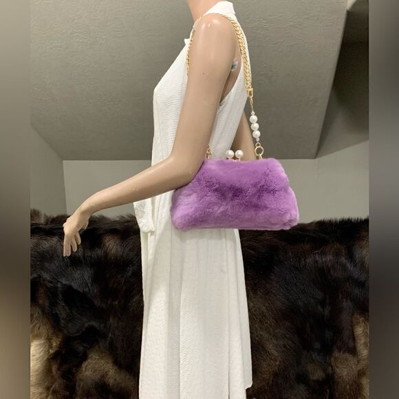 Handmade Real Rex Rabbit Fur Kisslock Wristlet/Crossbody & Mink Fur Bag Charm - Picture 4 of 16